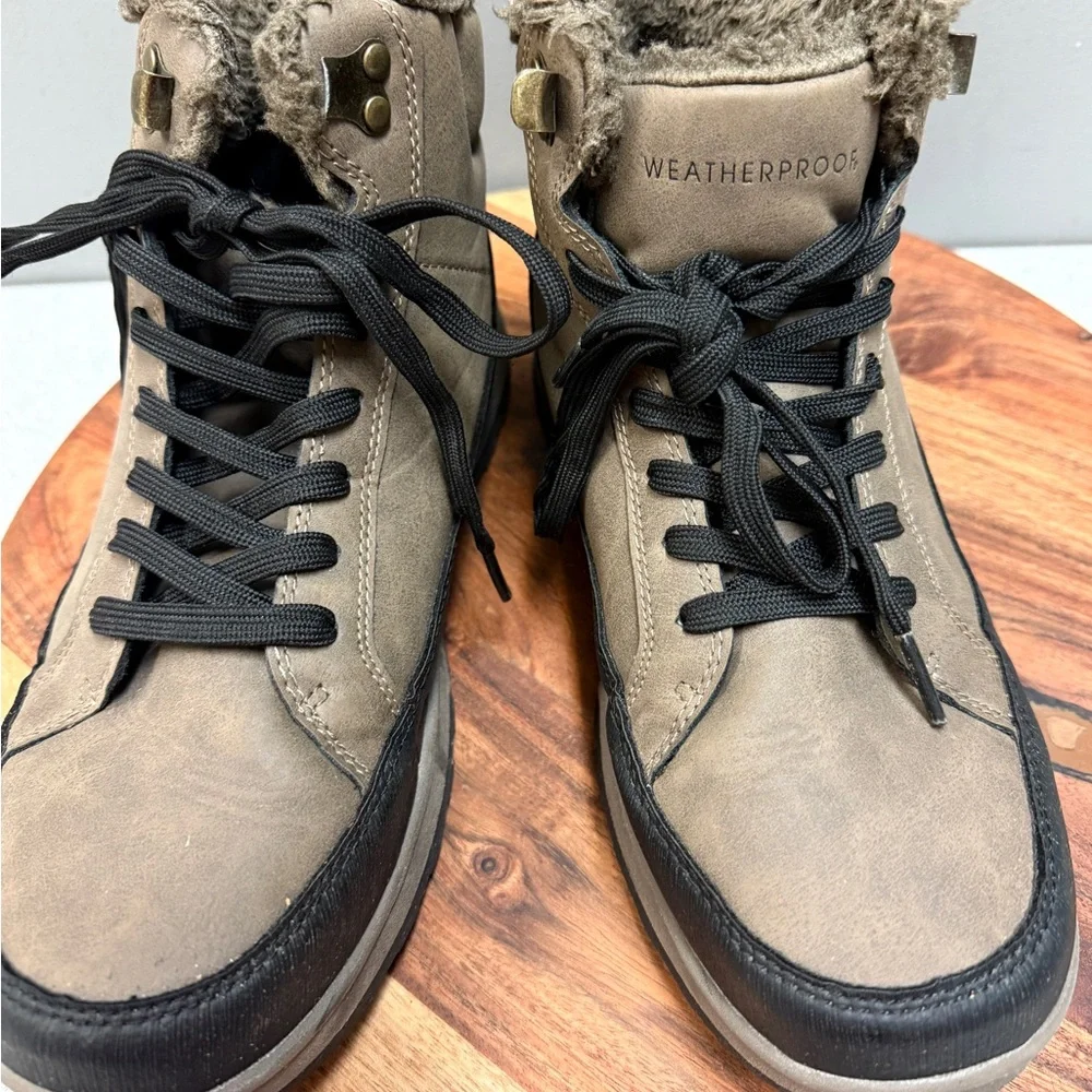 Weatherproof Mens Faux Fur Lined Duck Boots Taupe Brown Black High Top Lace Up